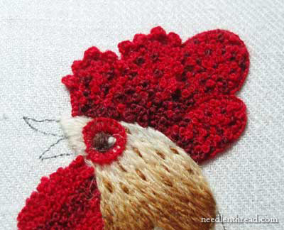 Crewel Embroidery: Rooster embroidered in wool threads