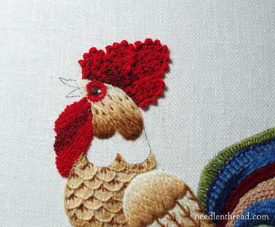 Crewel Embroidery: Rooster embroidered in wool threads