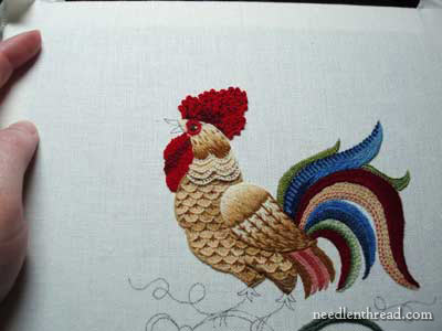 Crewel Embroidery: Rooster embroidered in wool threads