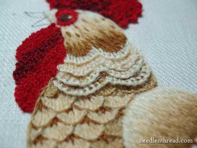 Crewel Embroidery: Rooster embroidered in wool threads