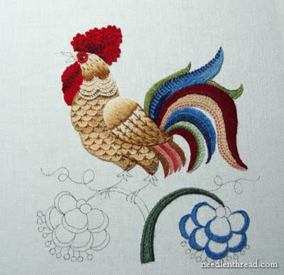 Crewel Embroidery: Rooster embroidered in wool threads