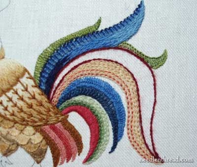 Crewel Embroidery: Rooster embroidered in wool threads