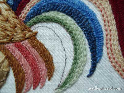 Crewel Embroidery: Rooster embroidered in wool threads