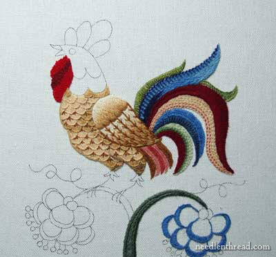 Crewel Embroidery: Rooster embroidered in wool threads