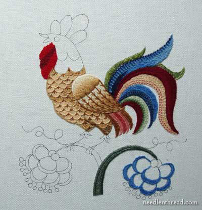 Crewel Embroidery: Rooster embroidered in wool threads