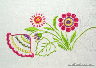 Hand Embroidered Towel: Spring Garden Design on a Corner