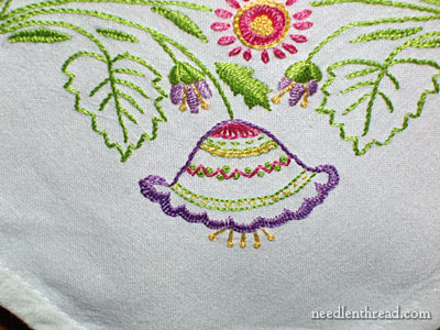 Hand Embroidered Towel: Spring Garden Design on a Corner