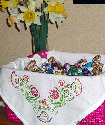 Hand Embroidered Towel: Spring Garden Design on a Corner