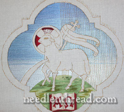 Agnus Dei Design, flat silk satin stitch couched with gold