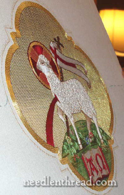 Hand Embroidered Agnus Dei - side view of completed project