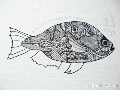 Blackwork Embroidery Fish in Progress