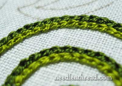 Jacobean Jumble embroidery project: chain stitch swirl worked in silk