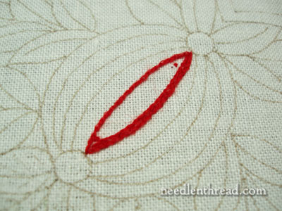 Wool Embroidery Project: Pomegranate Corners with satin stitch