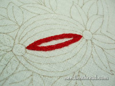 Wool Embroidery Project: Pomegranate Corners with satin stitch