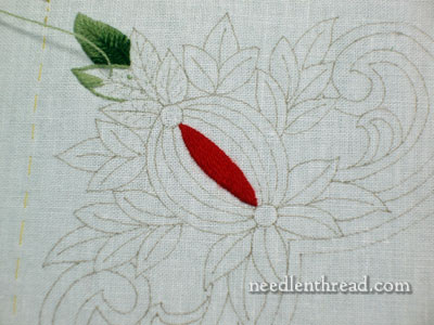 Wool Embroidery Project: Pomegranate Corners with satin stitch