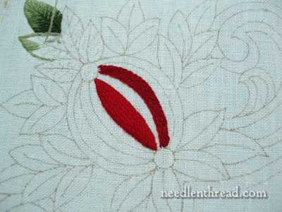 Wool Embroidery Project: Pomegranate Corners with satin stitch