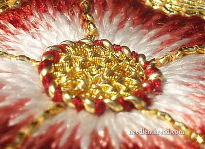 Goldwork Embroidery: Filled Dots with Chips of Check Purl