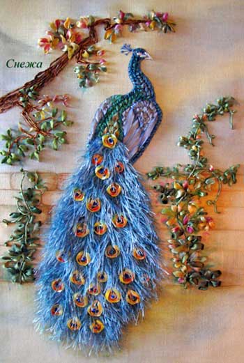 Peacock in Ribbon Embroidery