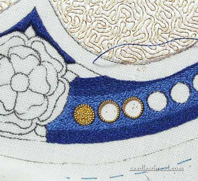 Goldwork Embroidery: Filled Dots with Chips of Check Purl