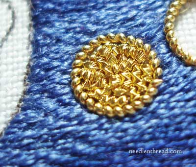 Goldwork Embroidery: Filled Dots with Chips of Check Purl