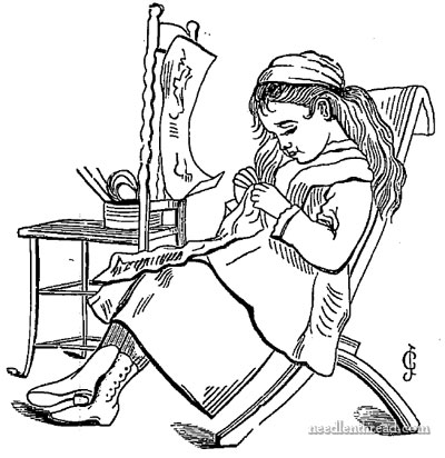 Girl Stitching Woodcut