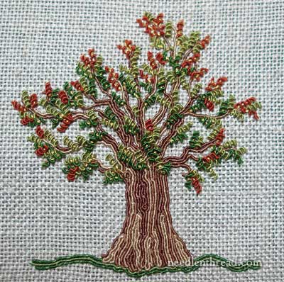 Embroidered Tree with Silk Gimp and Silk Wrapped Purl