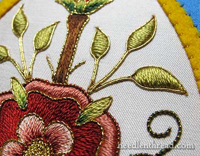 Goldwork embroidery on Mission Rose project