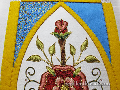 Goldwork embroidery on Mission Rose project
