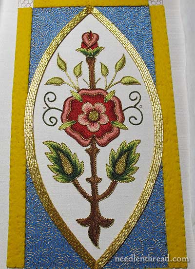 couched goldwork threads on Mission Rose project
