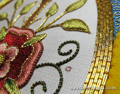 couched goldwork threads on Mission Rose project