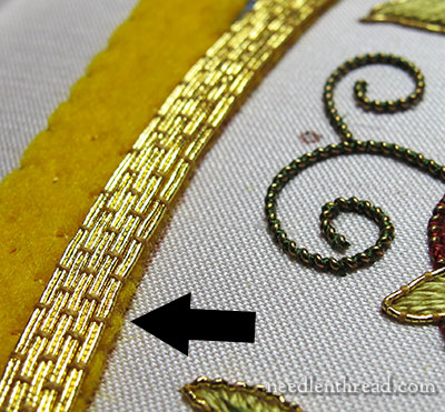 couched goldwork threads on Mission Rose project