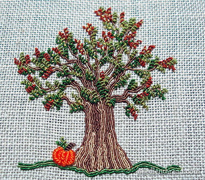 Embroidered Autumn Tree with Pumpkin