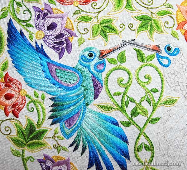 Hand embroidered hummingbird beak on the Secret Garden Project