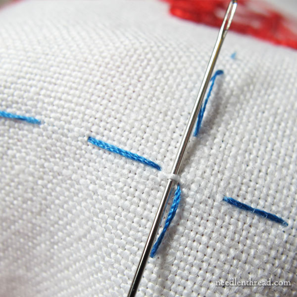 Hungarian Redwork Runner - preparing for a drawn thread hem