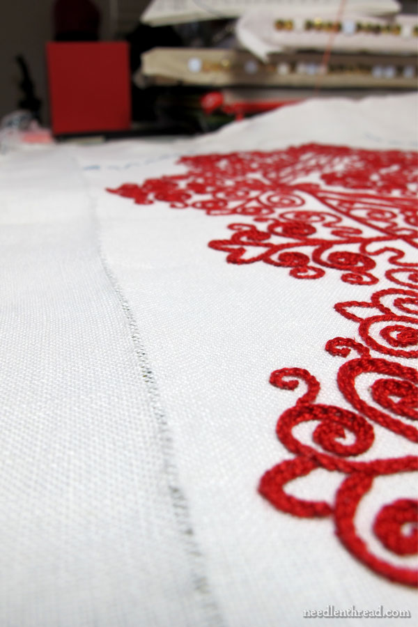 Hungarian Redwork Runner - preparing for a drawn thread hem