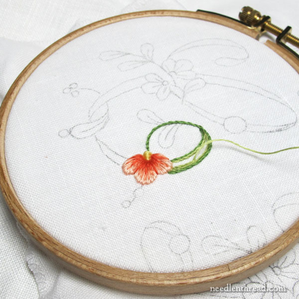 Using floche embroidery thread for long and short stitch