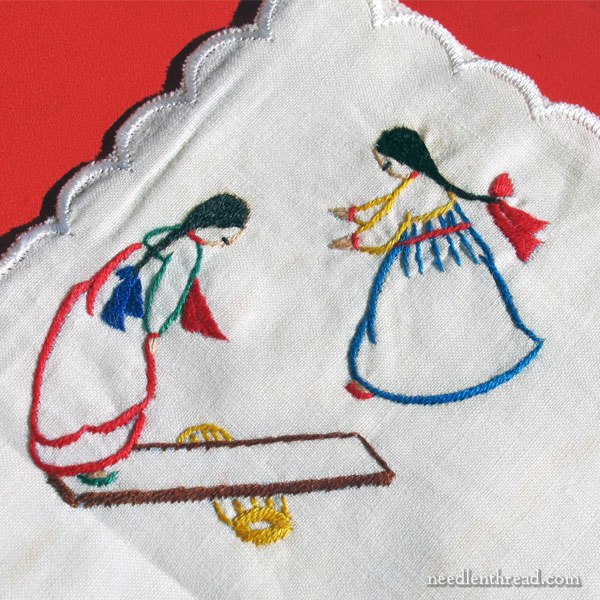 Hand Embroidered Figures on Handkerchiefs
