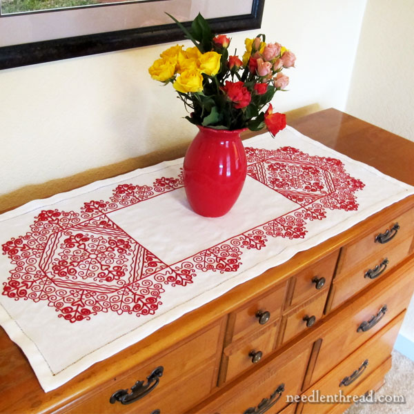 Hungarian Redwork Embroidery Table Runner - Finished