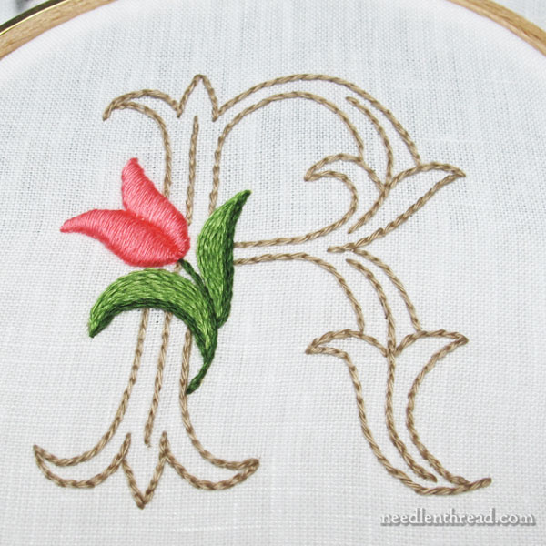 R Monogram with Tulip, embroidered with floche