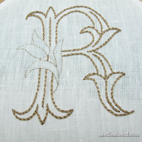 R Monogram with Tulip, embroidered with floche