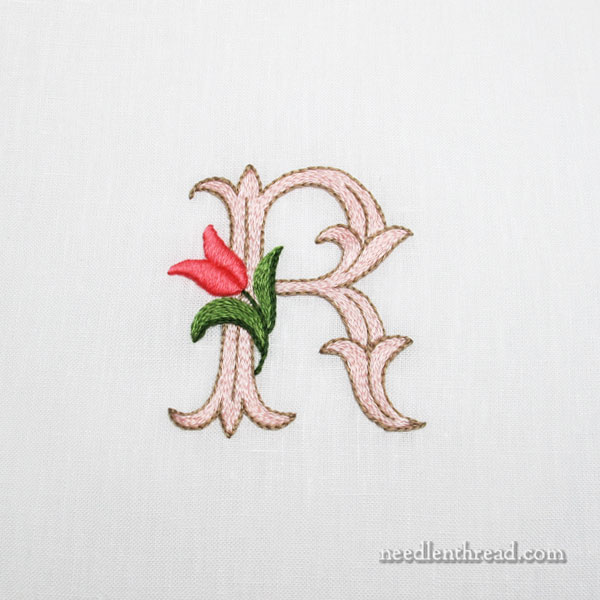 Hand Embroidered Monogram R with Tulip - worked in floche