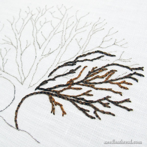 Embroidered tree worked with split stitch
