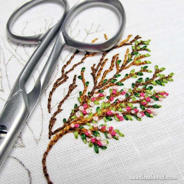 Hand Embroidered Blooming Tree with French Knot blossoms
