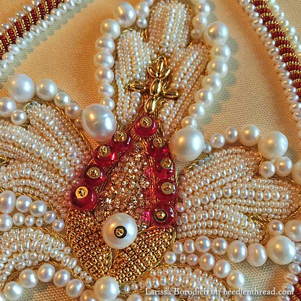 Pearl and goldwork embroidery - stylized pomegranate design