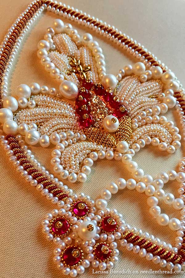 Pearl and goldwork embroidery - stylized pomegranate design