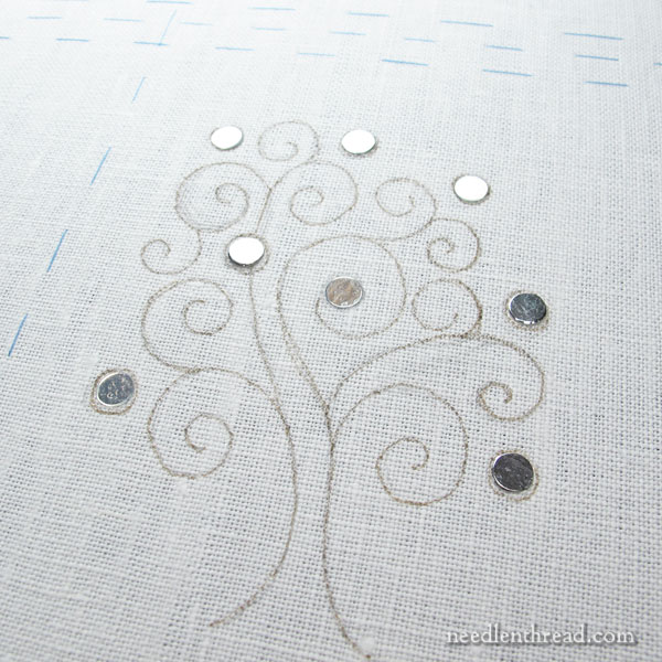Embroidered tree with shisha embroidery and tambour work, in metallic thread