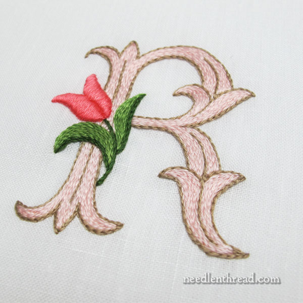 Tulip Monogram - R - worked in floche with stem stitch, split stitch, and satin stitch