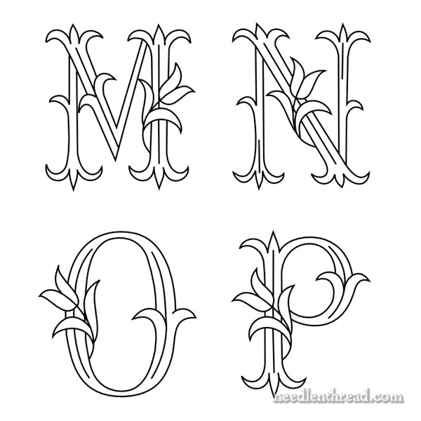Tulip Monogram Patterns for Hand Embroidery: M, N, O and P