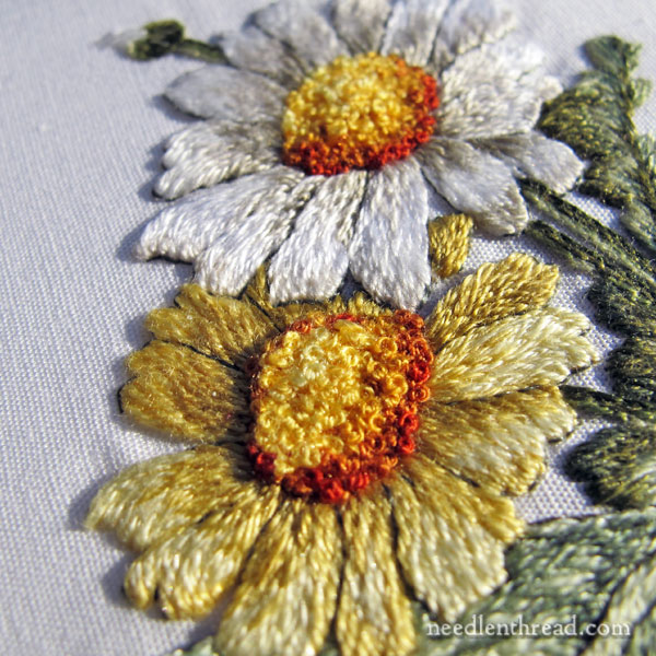Embroidered daisies - needlepainting techniques