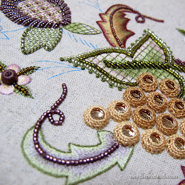 Battlement couching, beads, bullions on Late Harvest embroidery project